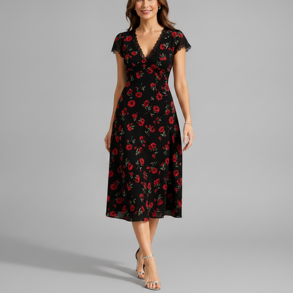 Floral Midi Dress | A-Line V-Neck with Lace Trim