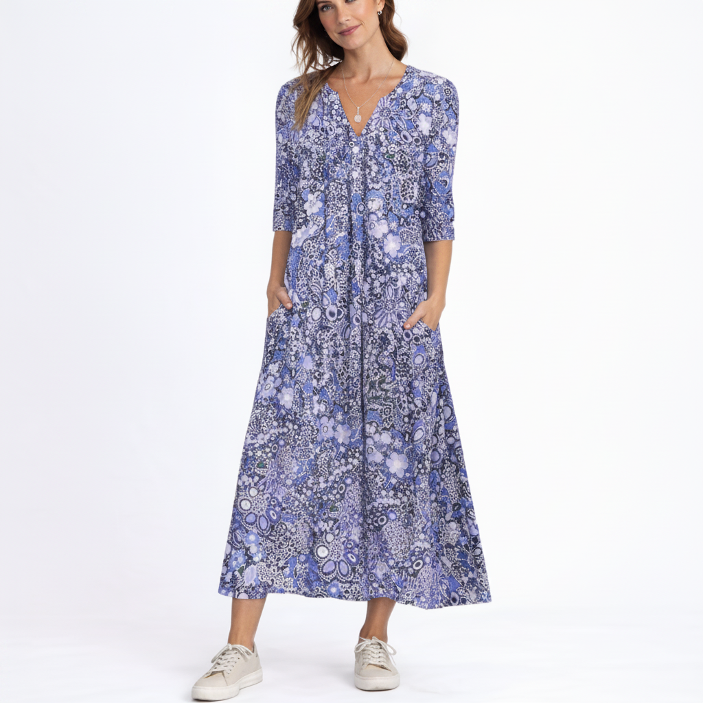 Floral Midi Dress | Relaxed V-Neck Print Dress with Pockets