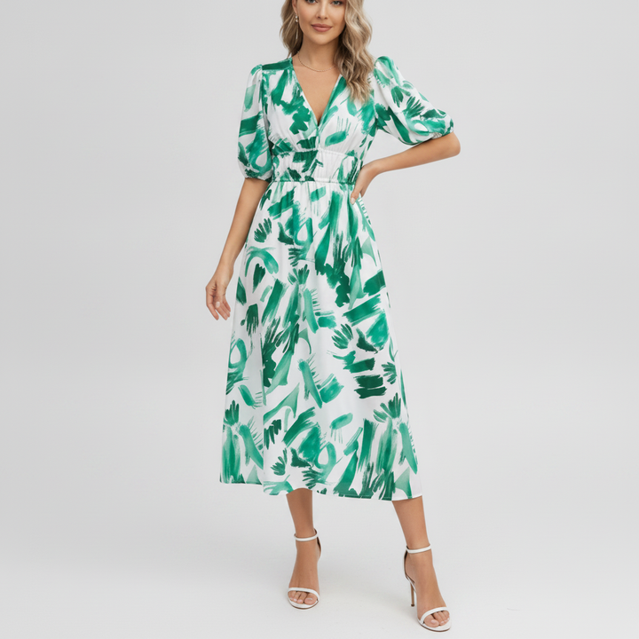 Floral V-Neck Midi Dress | Cotton Blend Chiffon Short Sleeve Dress