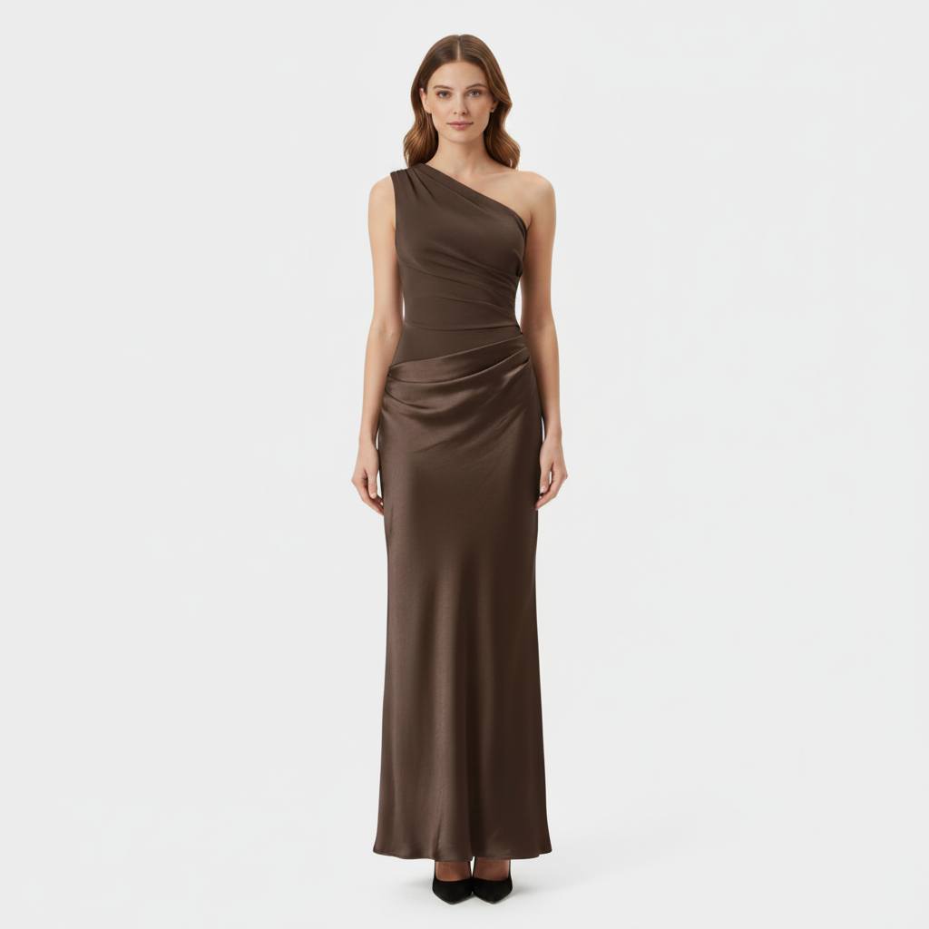 One-Shoulder | Satin Patchwork Sleeveless Maxi Gown