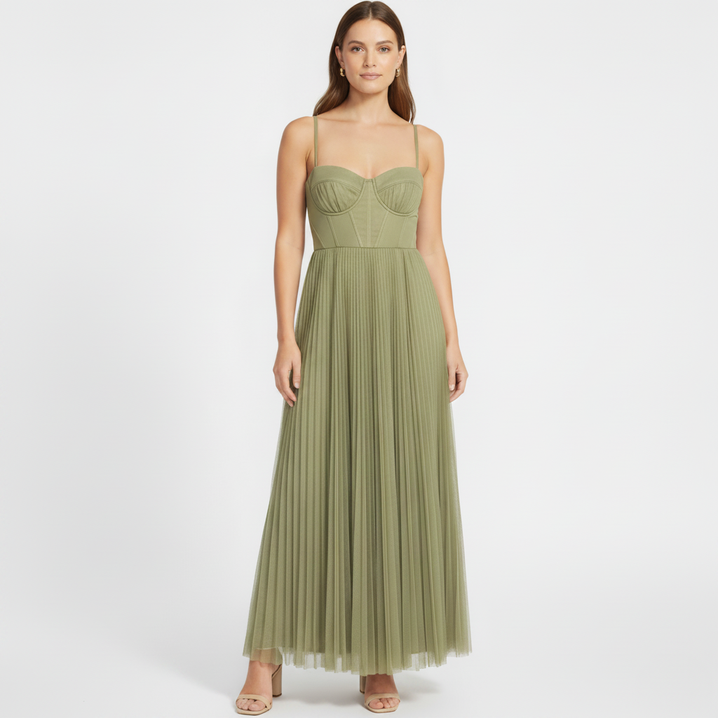 Pleated Maxi Dress | Strapless Square-Neck A-Line Gown