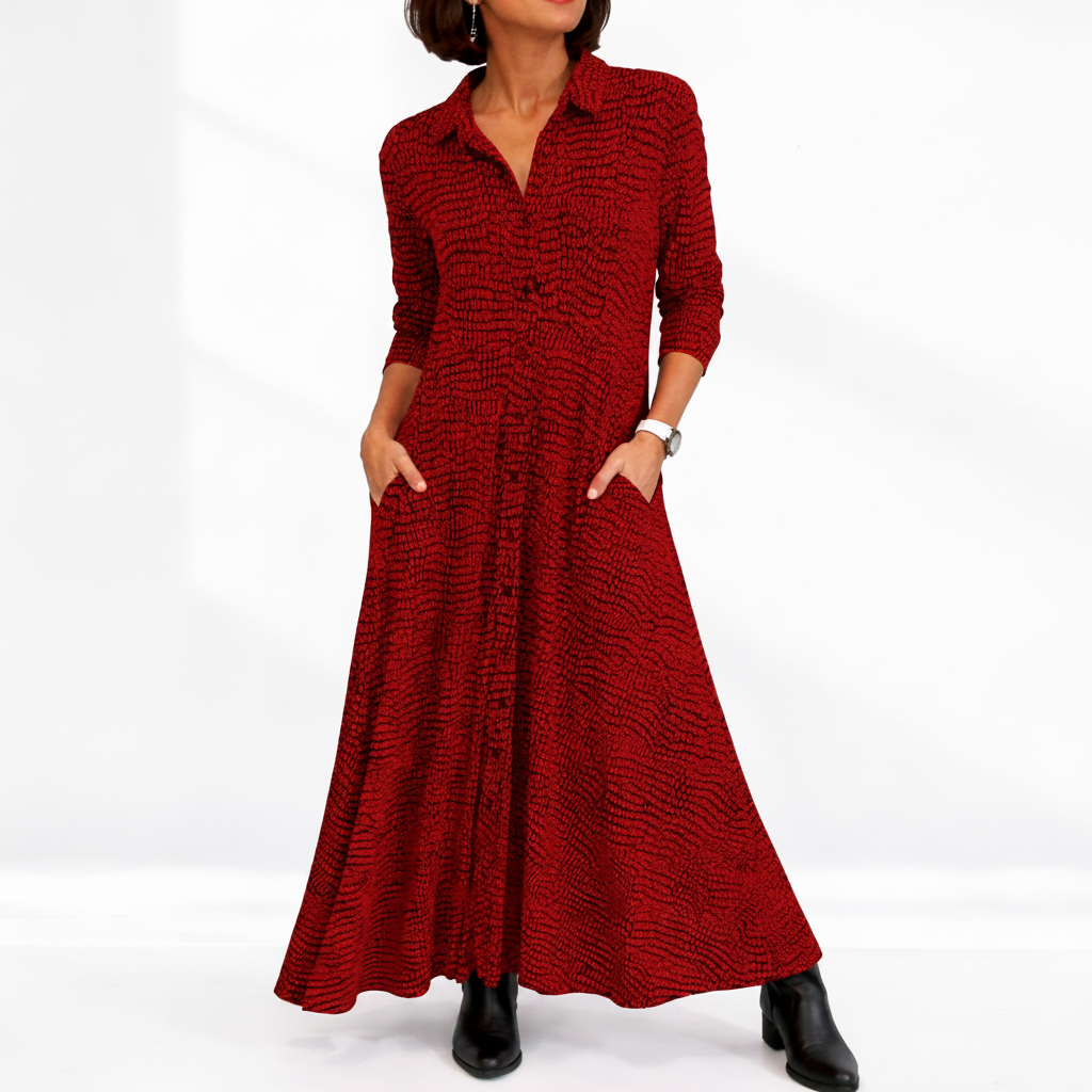 Relaxed Fit Midi Shirt Dress | Collared Long-Sleeve Midi Dress with Pockets
