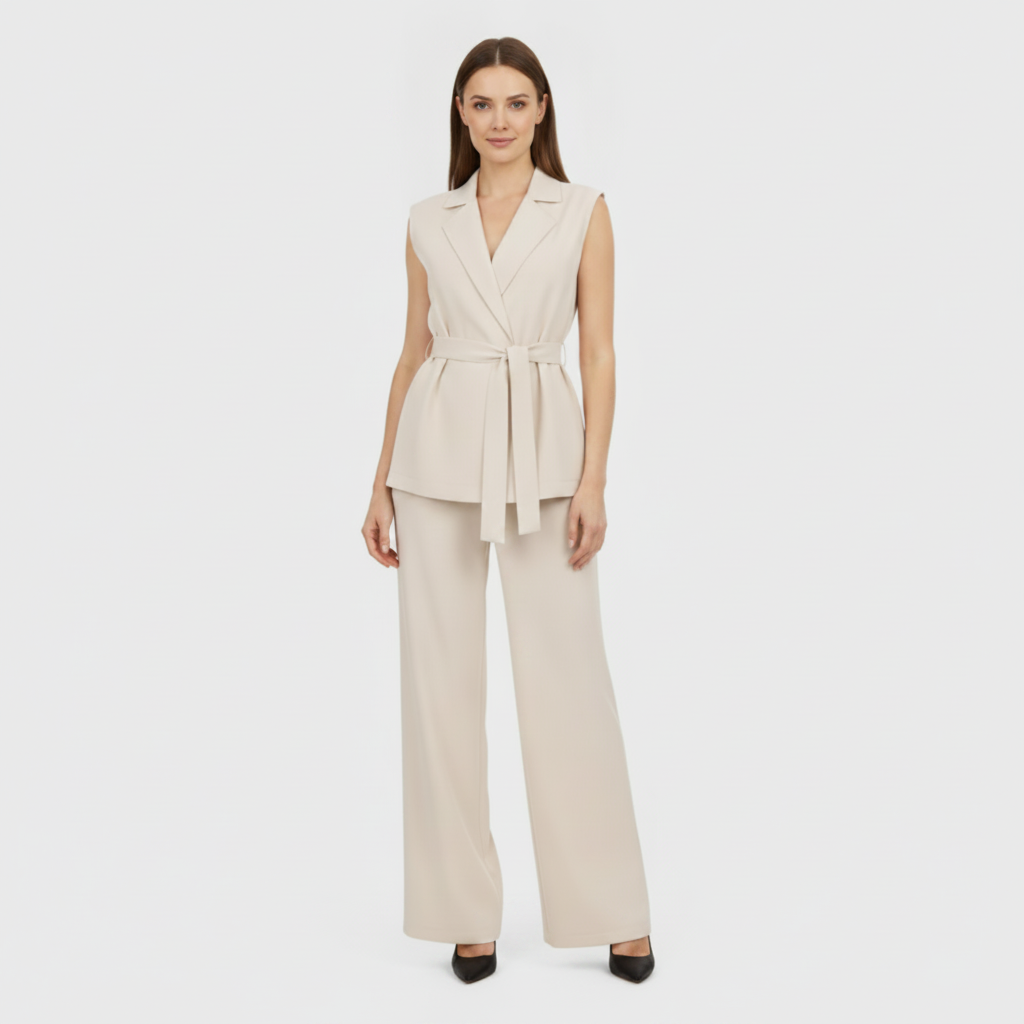 Sleeveless Vest and Wide-Leg Pants Set | Tailored Two-Piece Suit with Tie Waist
