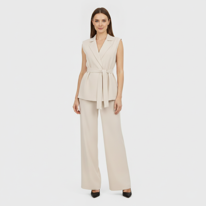 Sleeveless Vest and Wide-Leg Pants Set | Tailored Two-Piece Suit with Tie Waist