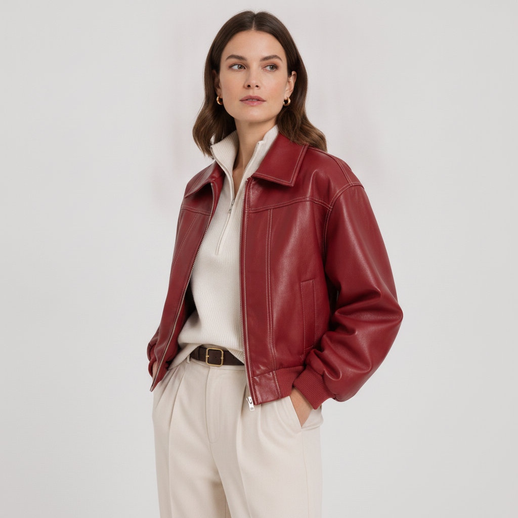 Timeless Red | Leather-Look Zip-Front Jacket