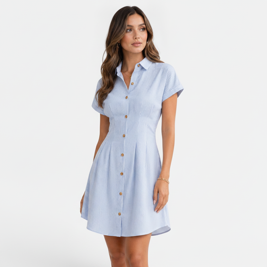 Women's Classic Summer Midi Shirt Dress | Sky Blue A-Line Shirt Dress