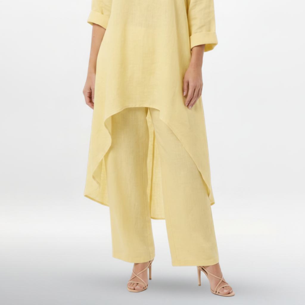 Women's Cotton Linen Two Piece Set | Irregular Hem Top & Wide Leg Pants