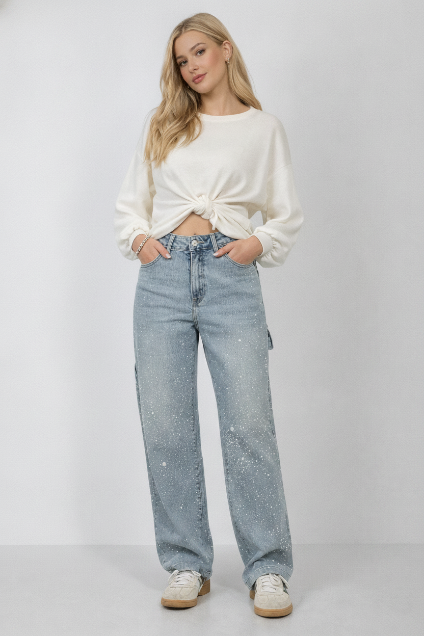 Women's High-Waist Straight Leg Jeans | Crystal Detail Vintage Denim