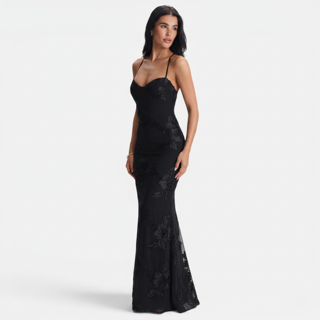 Women's Lace Maxi Open Back Evening Dress | Elegant Floor-Length Gown
