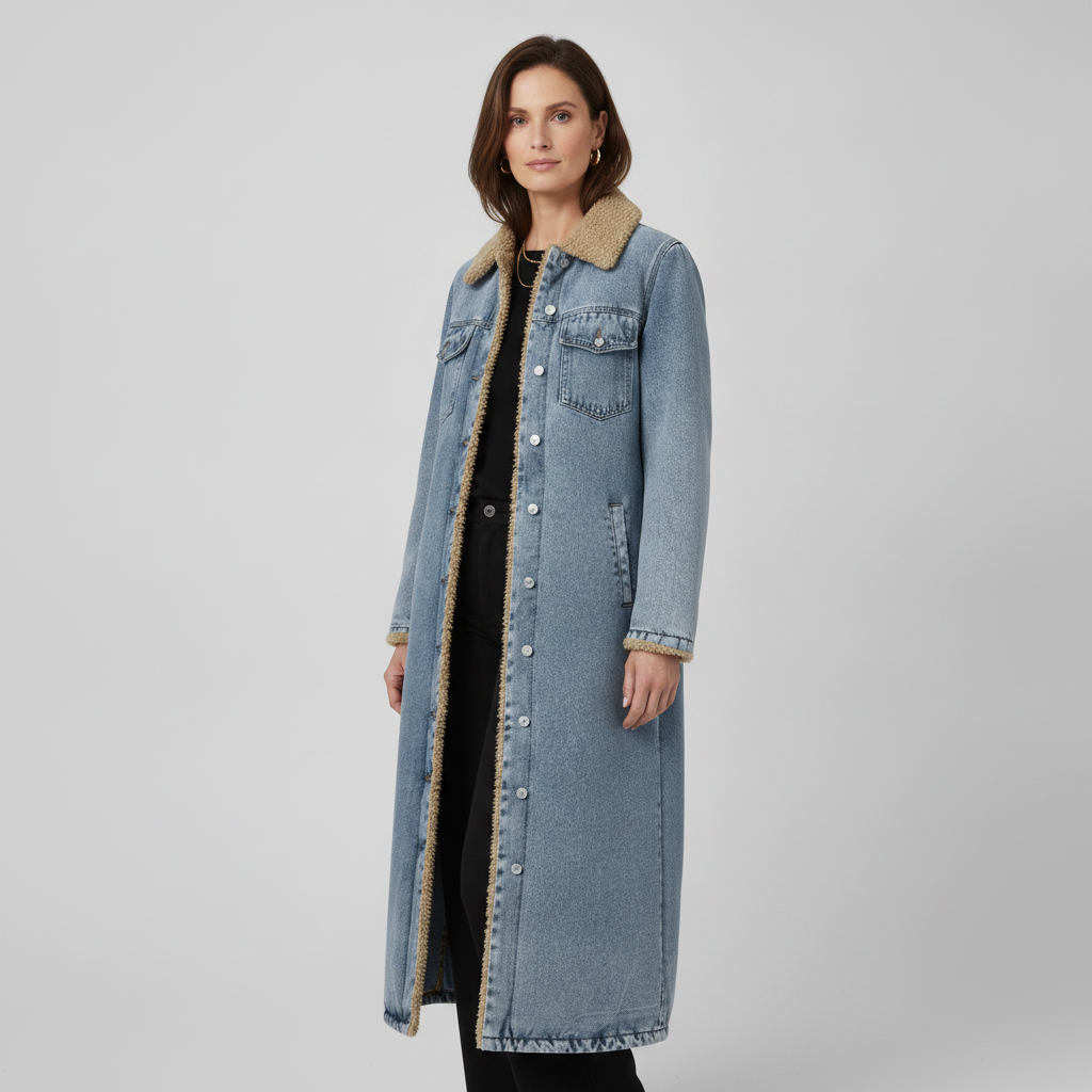 Women's Long Denim Coat | Shearling-Lined Faux Fur Collar Jacket