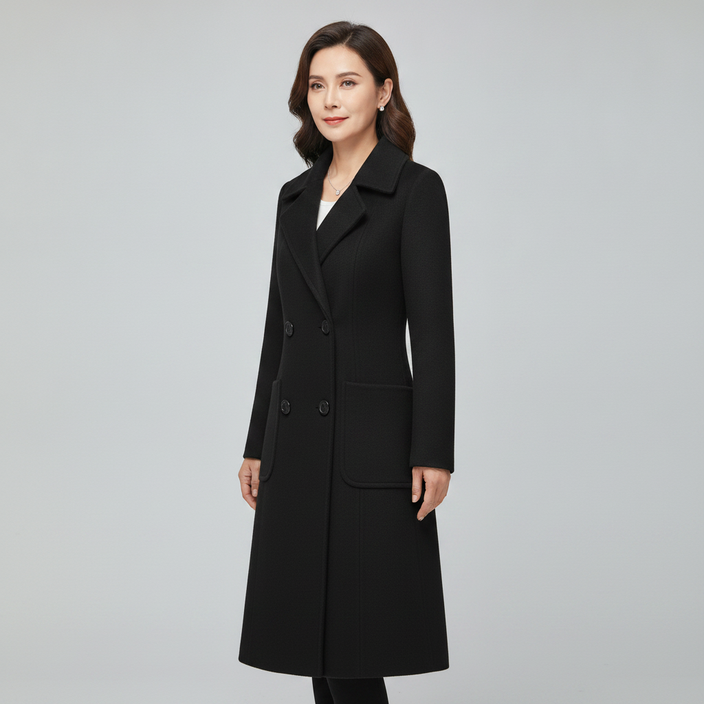 Women's Long Double Breasted Woolen Coat | Slim-Fit Turn-Down Collar Coat