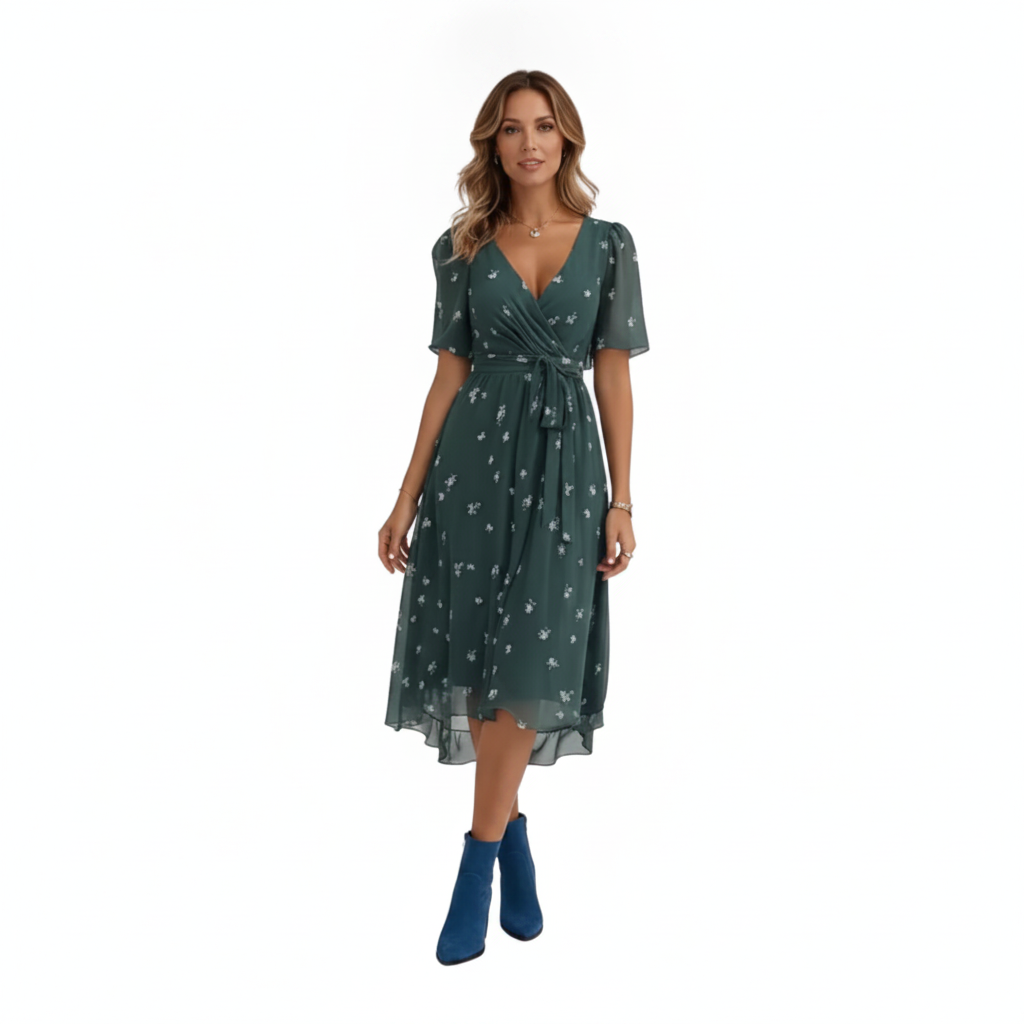 Women's V-Neck Midi Dress | Flowy A-Line Print Dress