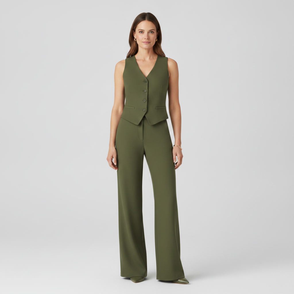Womens Set | Sleeveless V-Neck Waistcoat &amp; Wide Leg Trouser Two Piece