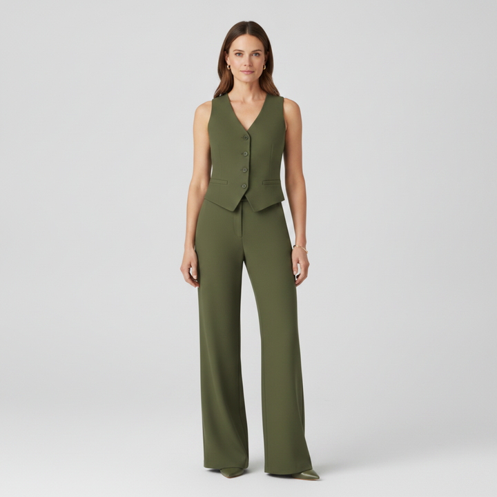 Womens Set | Sleeveless V-Neck Waistcoat &amp; Wide Leg Trouser Two Piece